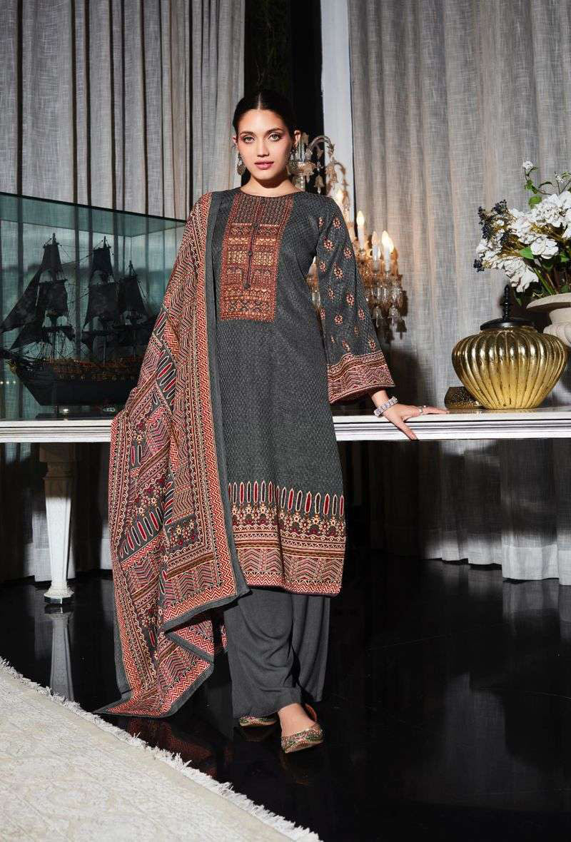 Pashmina Unstitched Dark Grey Winter Suits With Neck Embroidery - Stilento