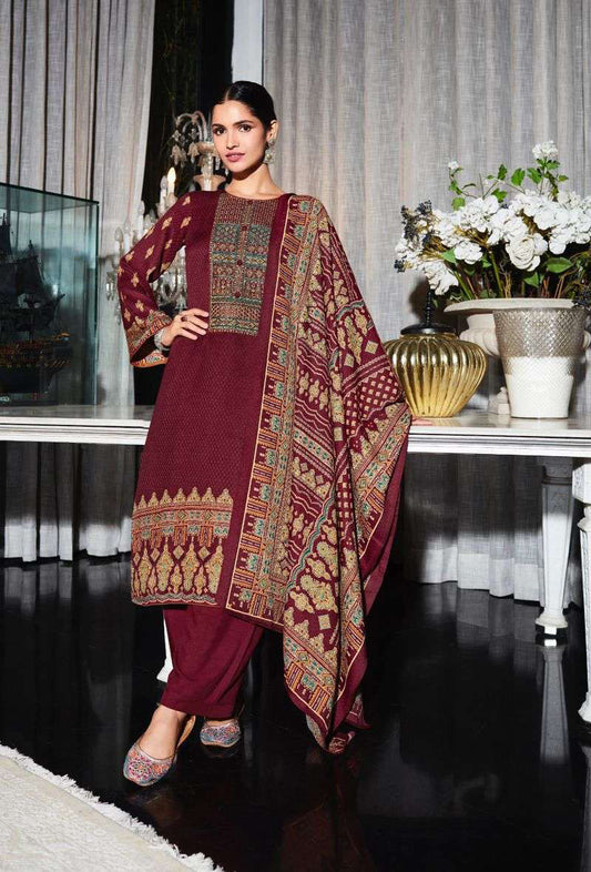 Pashmina Unstitched Maroon Winter Suits Set with Neck Embroidery
