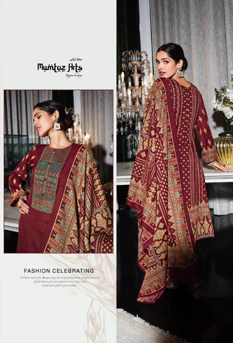 Pashmina Unstitched Maroon Winter Suits Set with Neck Embroidery - Stilento