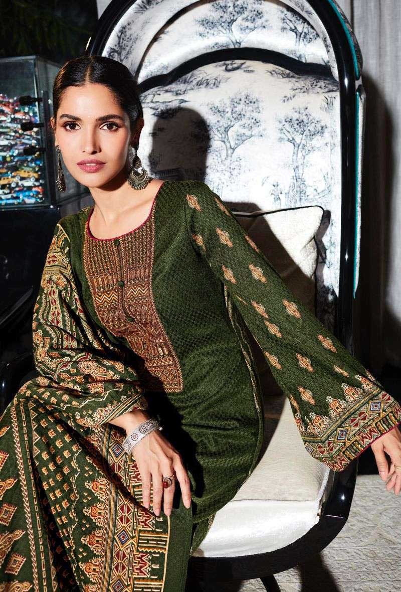Pashmina Unstitched Green Winter Suits Set with Neck Embroidery - Stilento