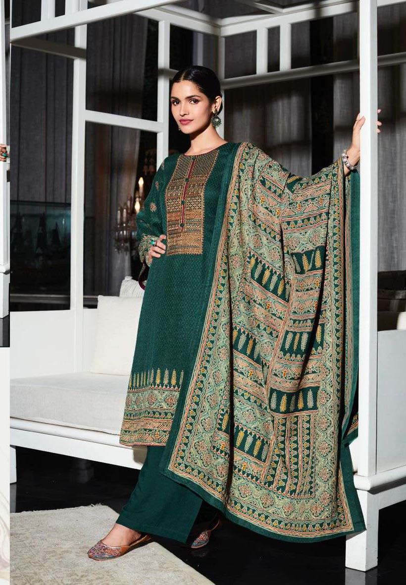 Pashmina Unstitched Teal Green Winter Suits Set with Neck Embroidery - Stilento