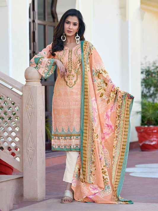 Peach Pakistani Style Lawn Cotton Suit Material for Women