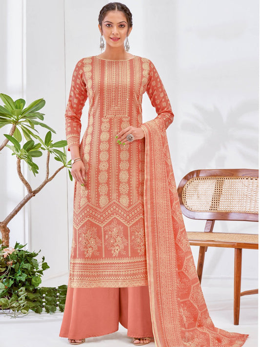 Peach Printed Cotton Unstitched Suit Material