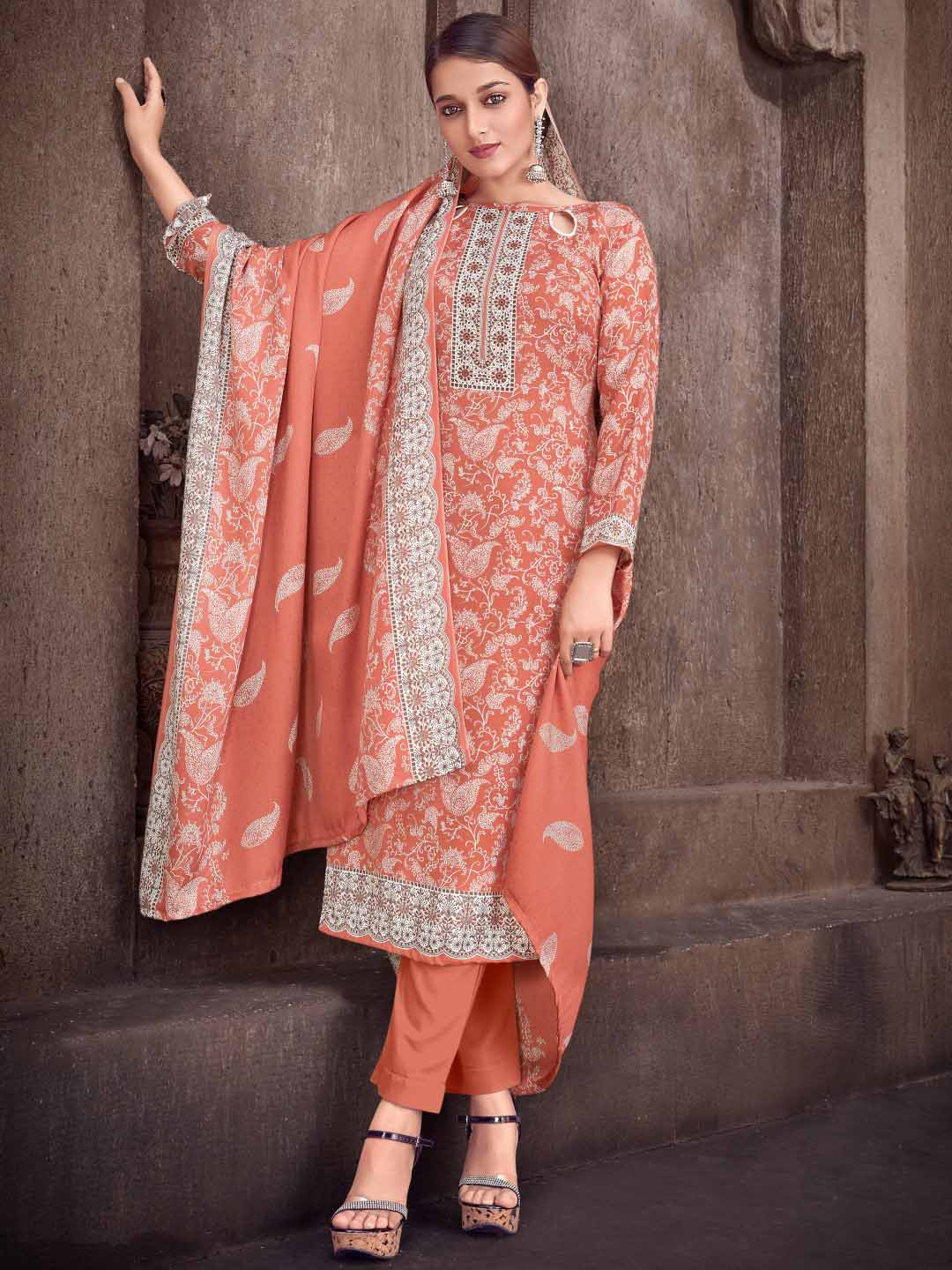 Peach Wool Pashmina Printed Unstitched Suit Set - Stilento