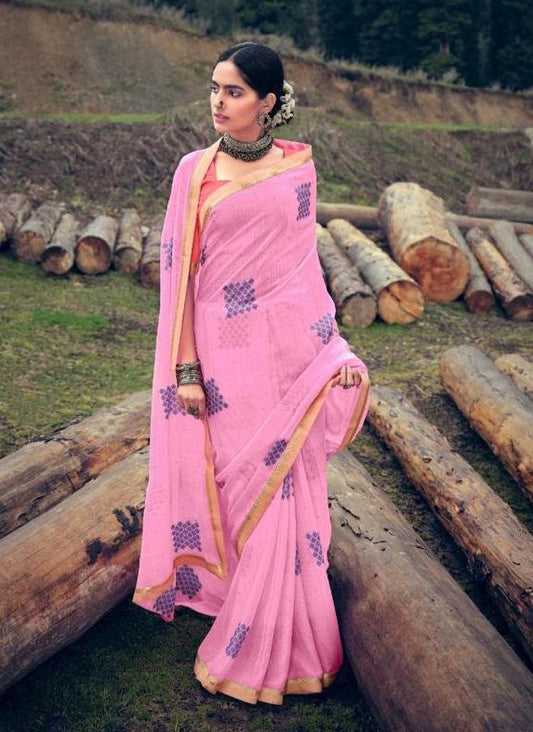 Pink Chiffon Fancy Lace Border Sarees Online - Stilento