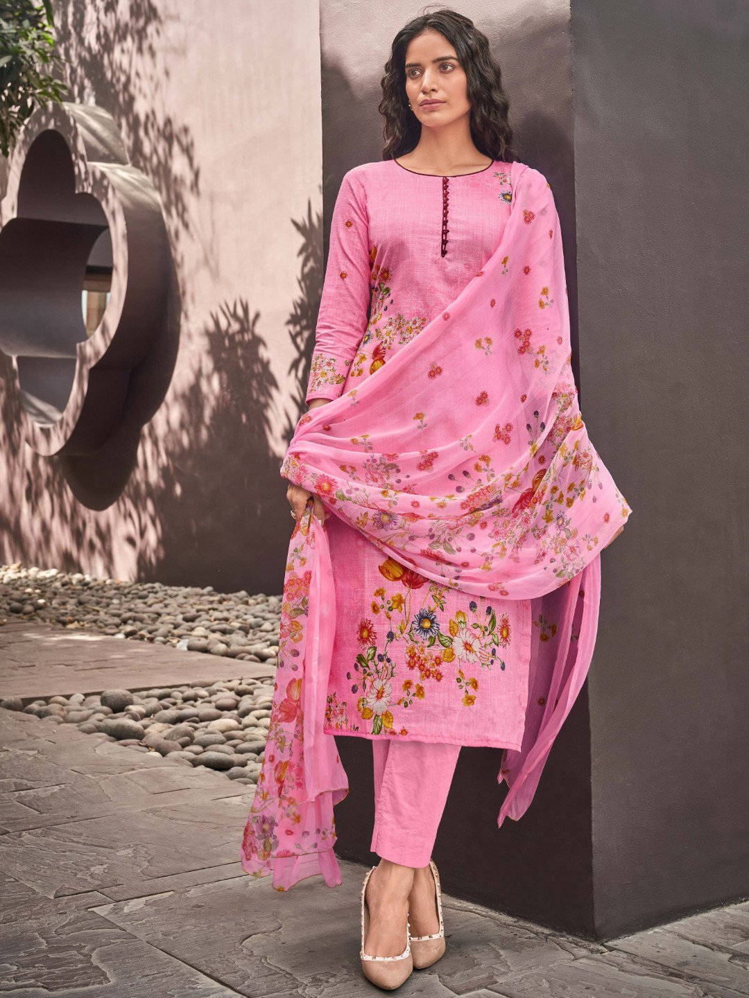 Pink Cotton Linen Printed Un-Stitched Suit Material for Ladies - Stilento