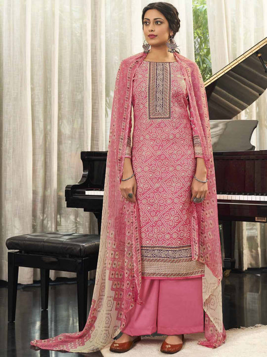 Unstitched Pink Cotton Printed Suit Materials for Women with Dupatta