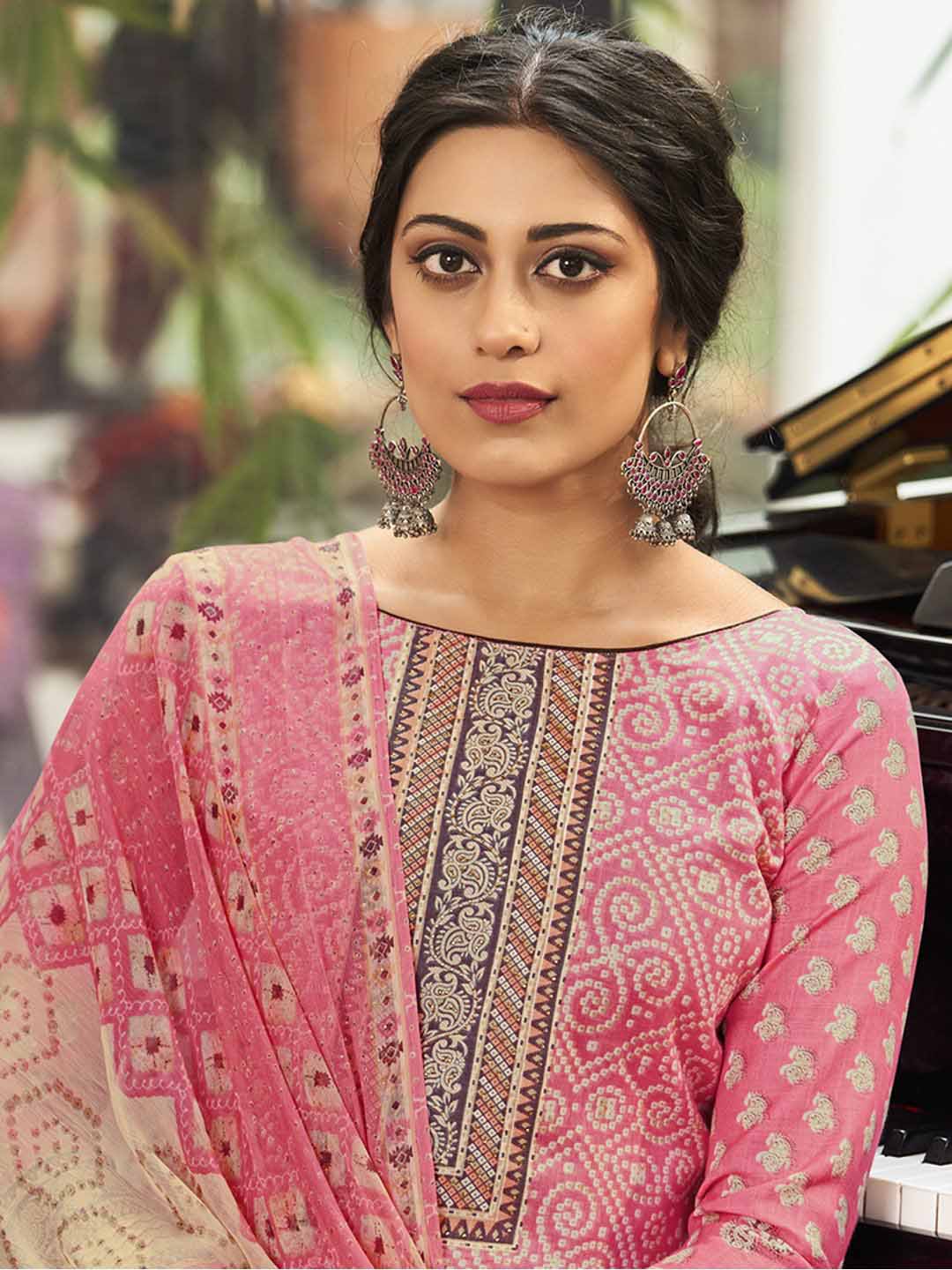 Unstitched Pink Cotton Printed Suit Materials for Women with Dupatta - Stilento