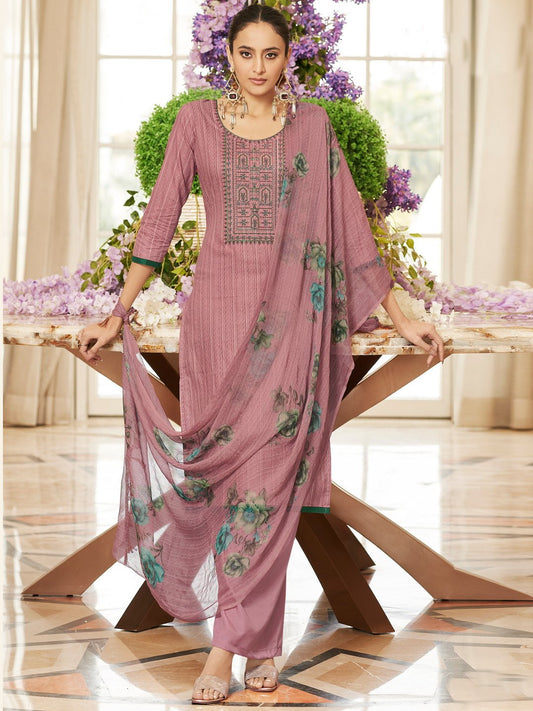 Pink Cotton Printed Unstitched Suit with Dupatta