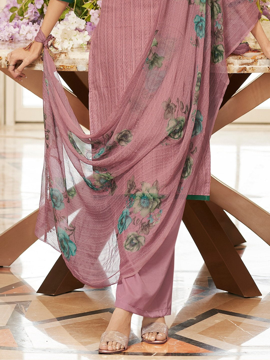 Pink Cotton Printed Unstitched Suit with Dupatta - Stilento