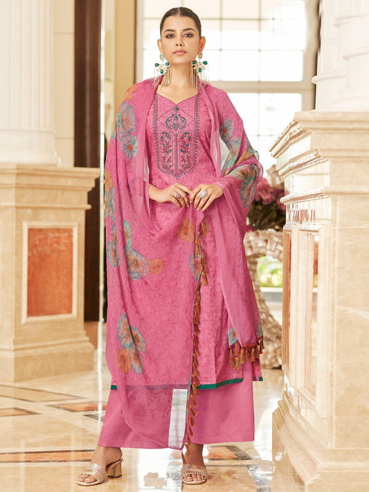 Pink Cotton Unstitched Women Suit with Embroidery