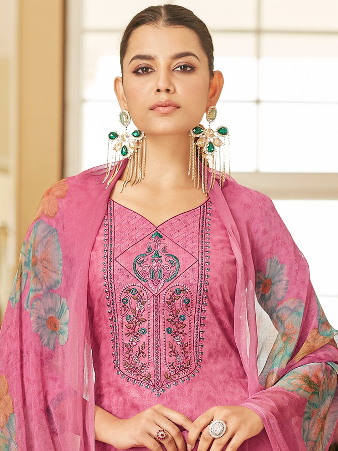 Pink Cotton Unstitched Women Suit with Embroidery - Stilento