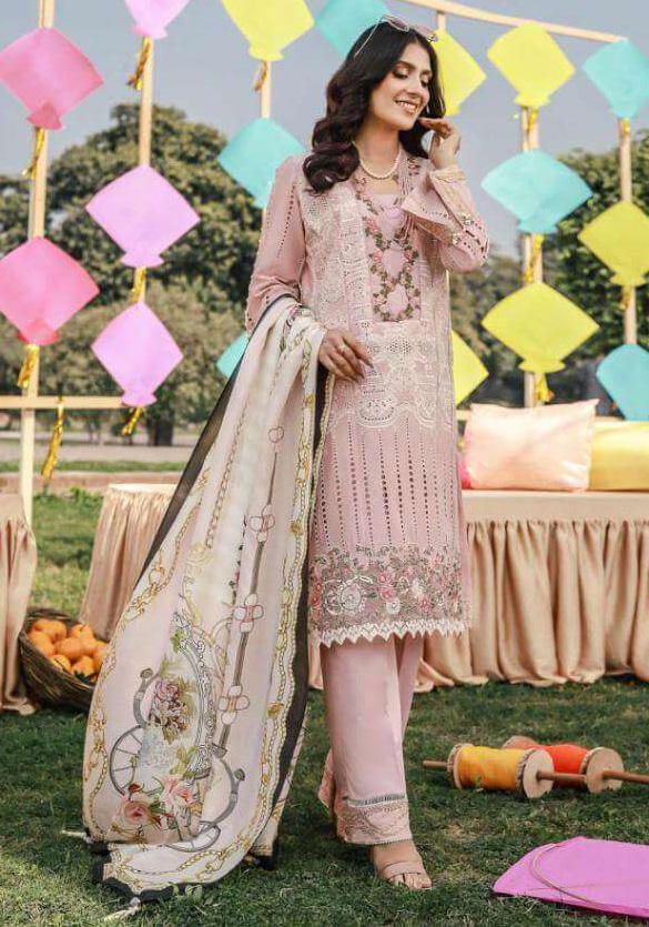 Pink Cotton With Embroidery Unstitched Pakistani Suit Dress Material - Stilento