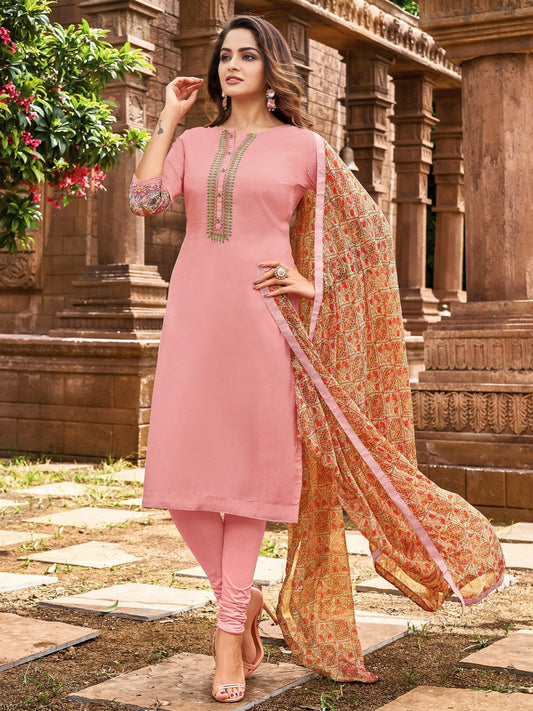 Pink Embroidered Unstitched Cotton Suit