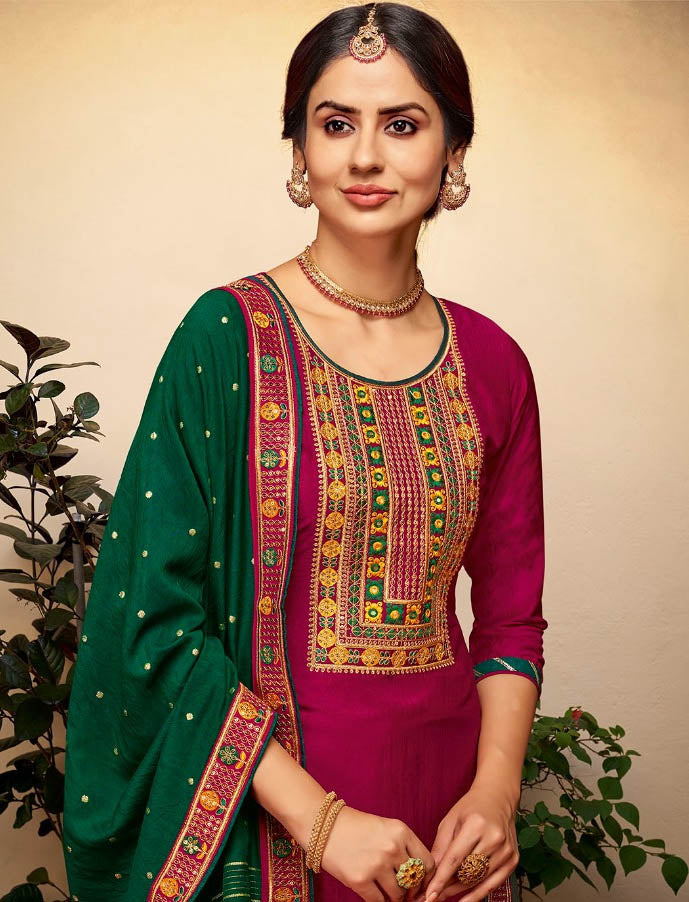 Pink Pant Style Silk Zari Suit Material With Embroidery Work - Stilento