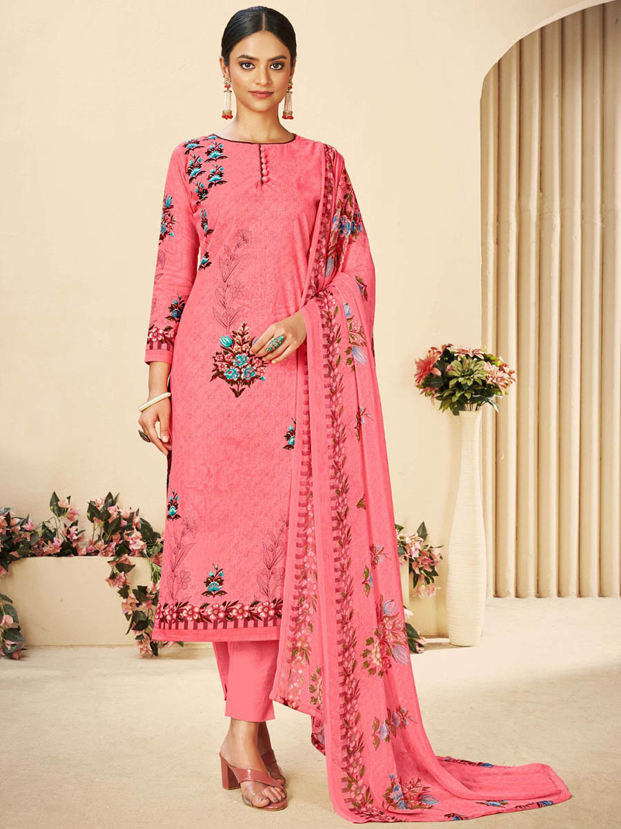 Pink Printed Cotton Unstitched Suit With Chiffon Dupatta - Stilento