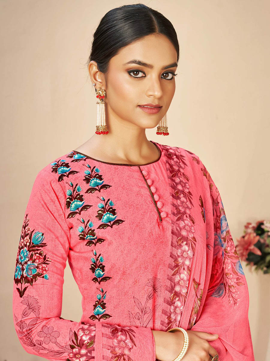 Pink Printed Cotton Unstitched Suit With Chiffon Dupatta - Stilento