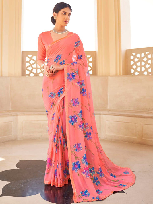 Pink Printed Georgette Sarees with Lace for Women - Stilento