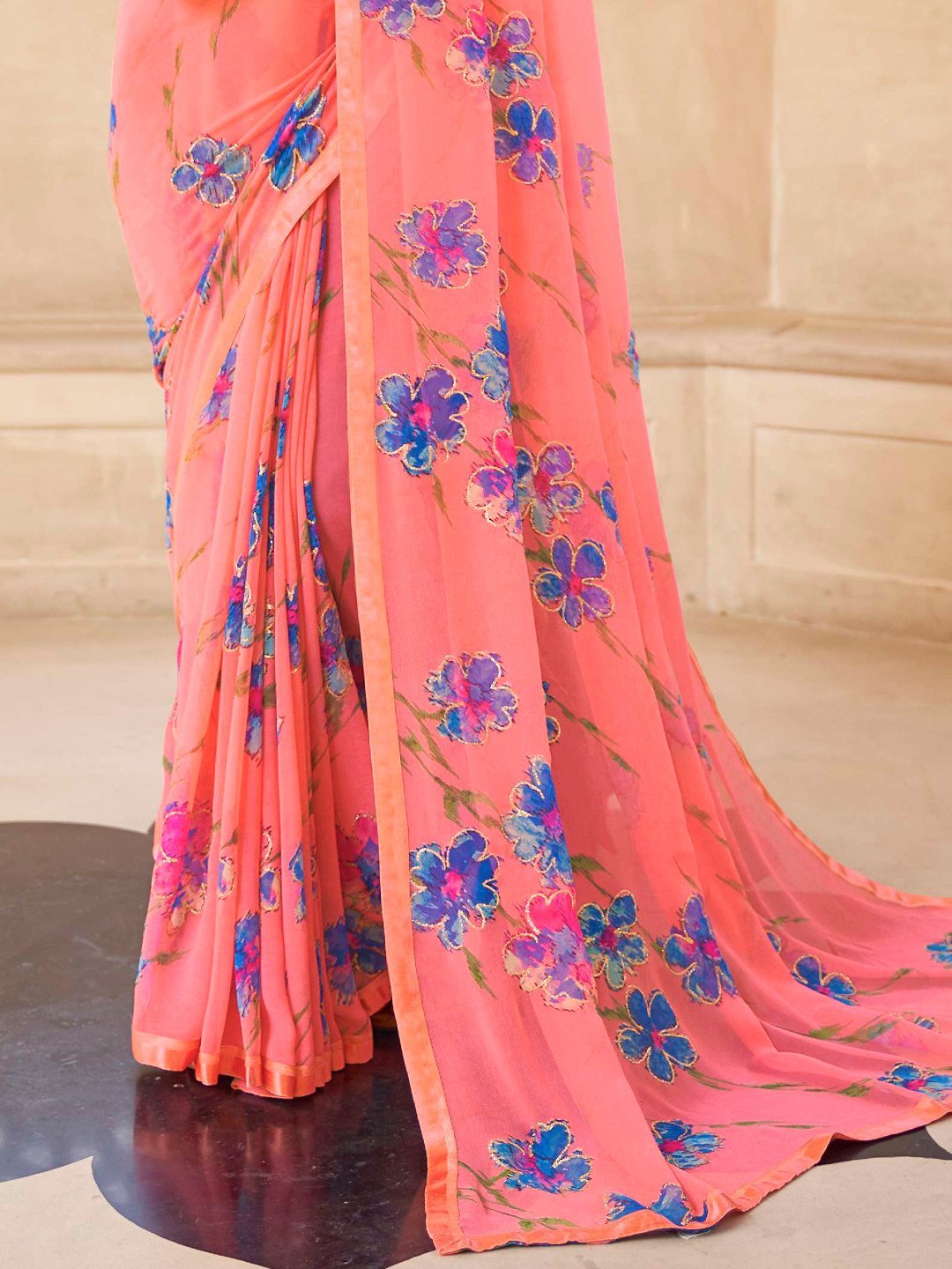 Pink Printed Georgette Sarees with Lace for Women - Stilento