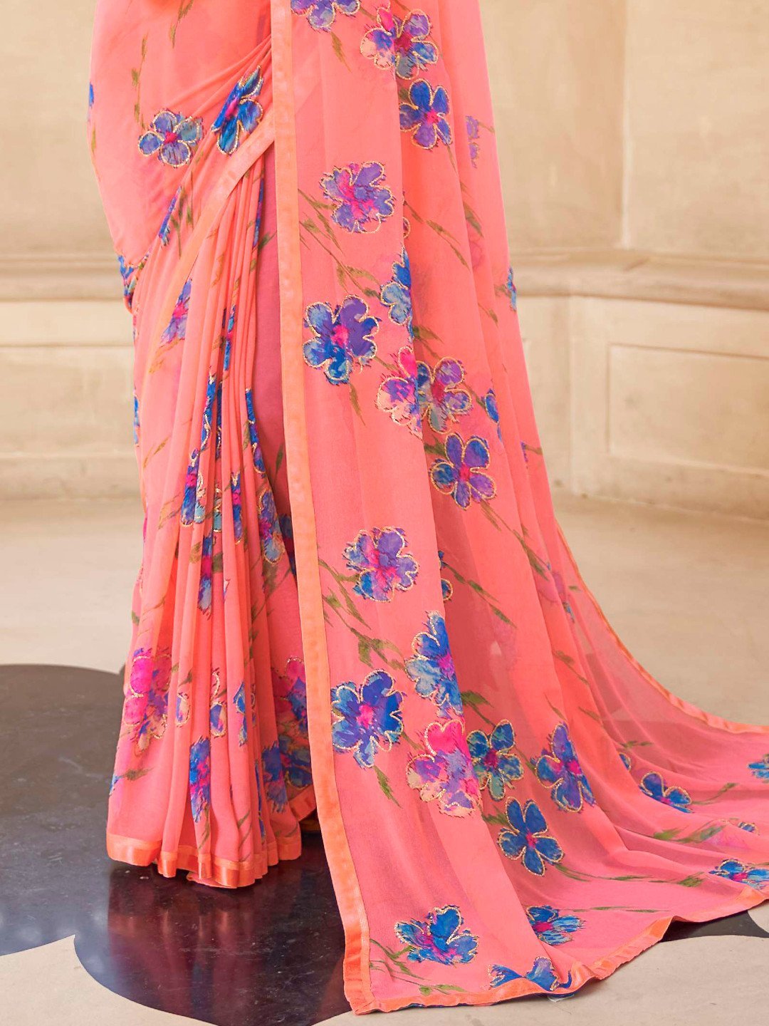 Pink Printed Georgette Sarees with Lace for Women