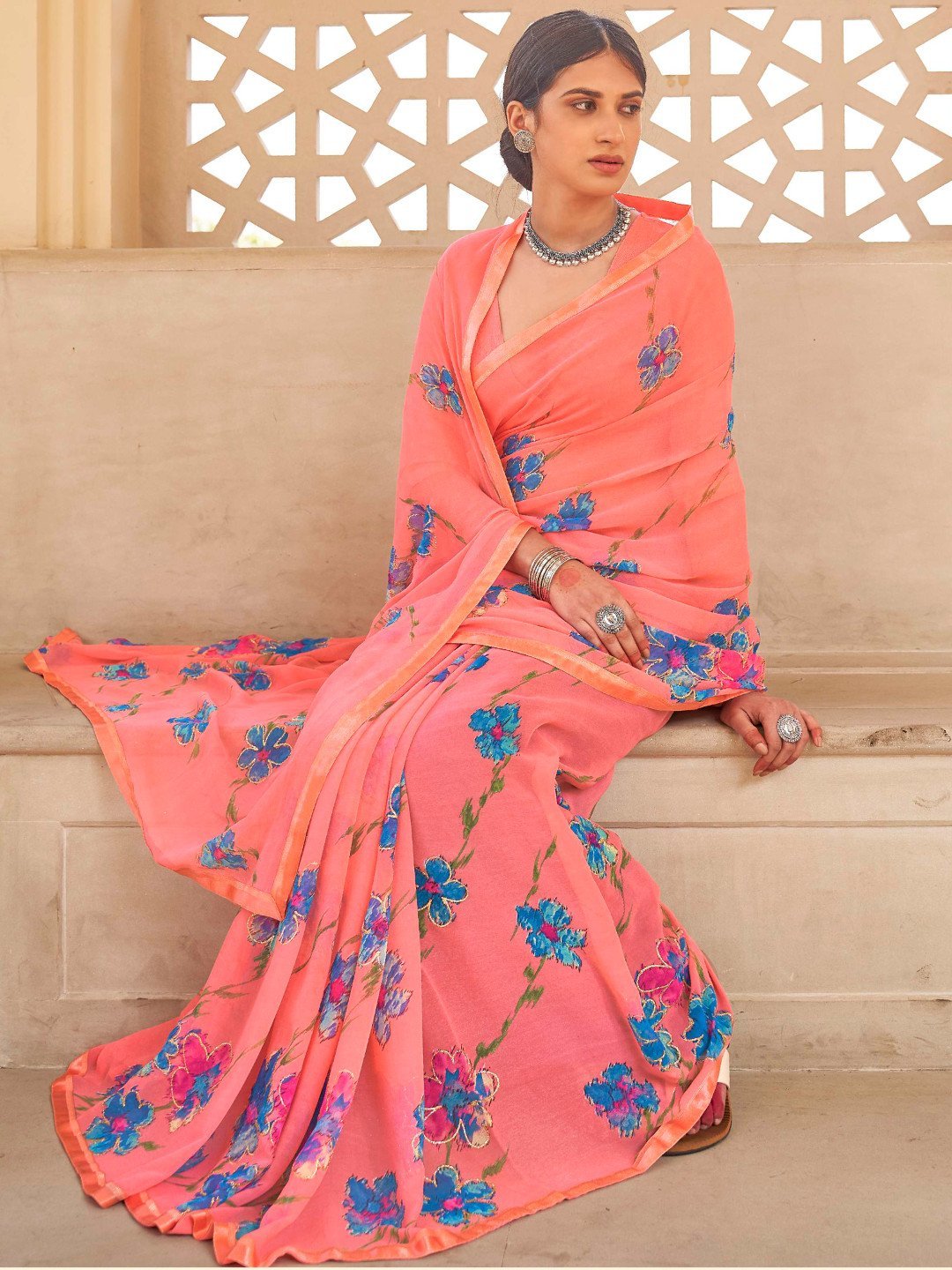 Pink Printed Georgette Sarees with Lace for Women - Stilento