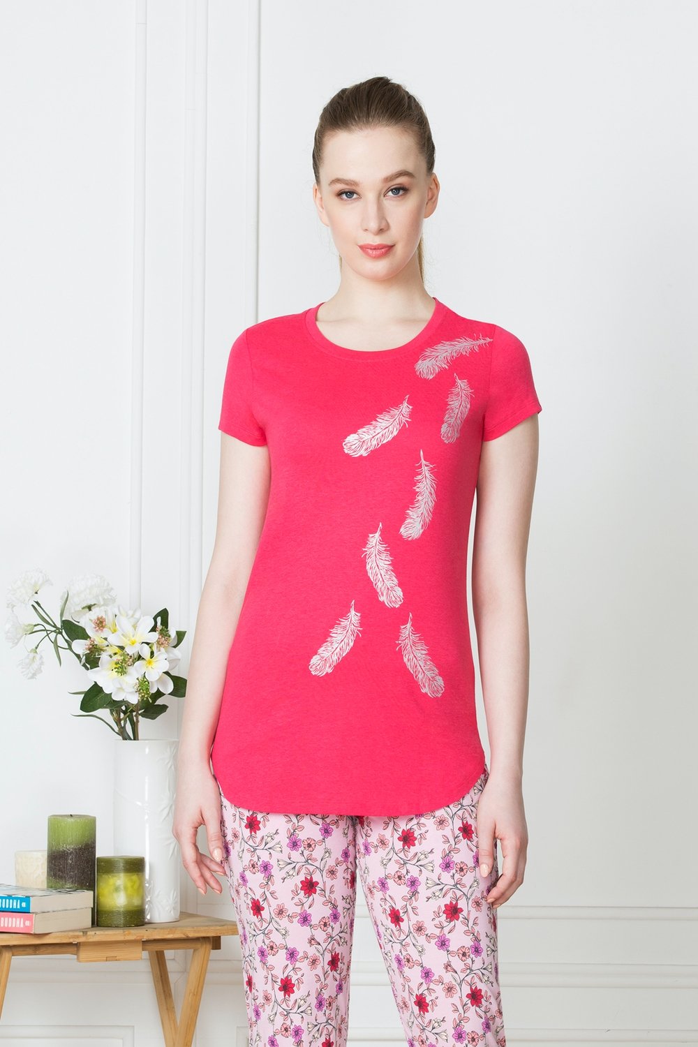 Pink Printed Long Cotton Every day Wear t-shirt tops for Women - Stilento