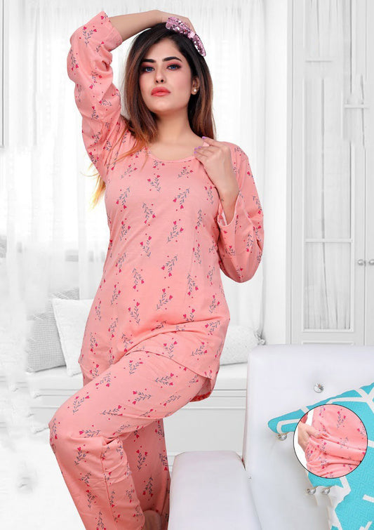 Pink Printed Long Top Cotton Night Suit for Ladies - Stilento