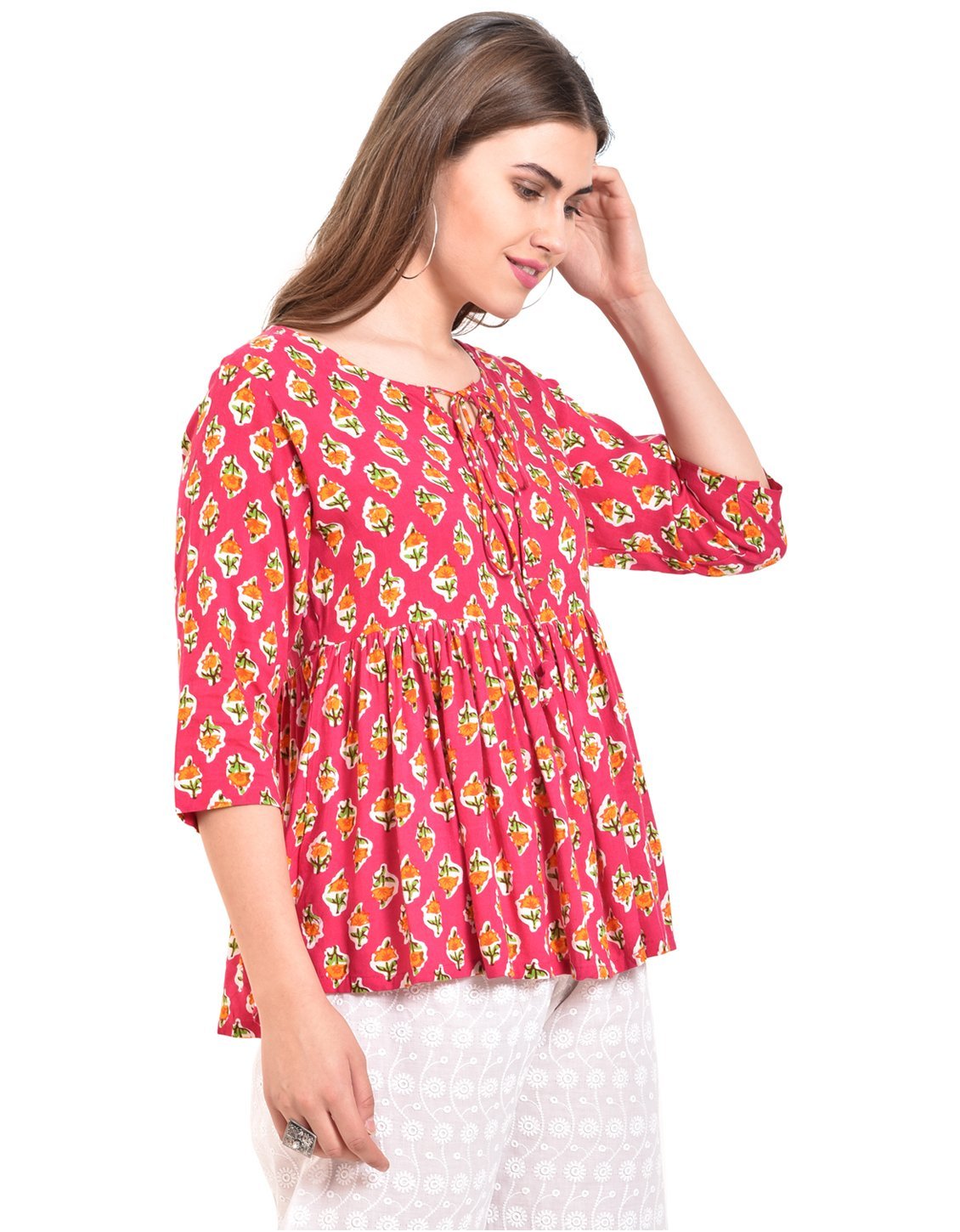 Pink  Printed Rayon Top for Women - Stilento