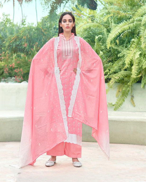 Pink Pure Cotton Printed Unstitched Suit Set - Stilento