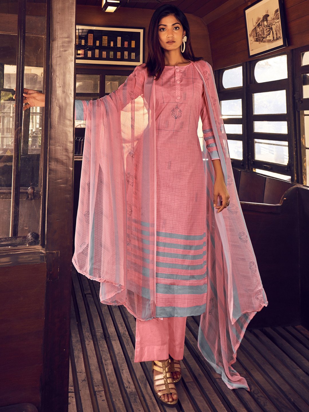 Pink Unstitched Cotton Suit Dress Material With Dupatta - Stilento