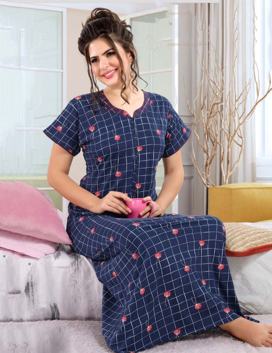 Printed Blue Cotton Maxi Night Dress Nighty for Ladies - Stilento