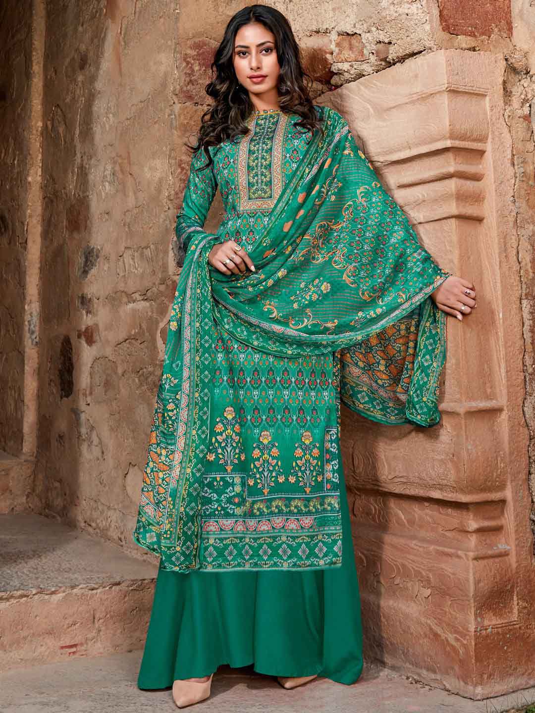 Women's Green Cotton Pakistani unstitched suits Dress Material With Chiffon Dupatta - Stilento
