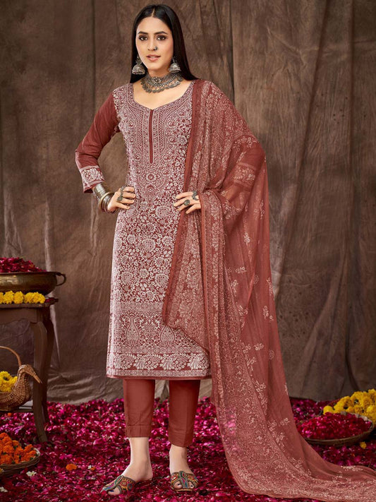 Printed Brown Cotton Unstitched Suit Dress Material