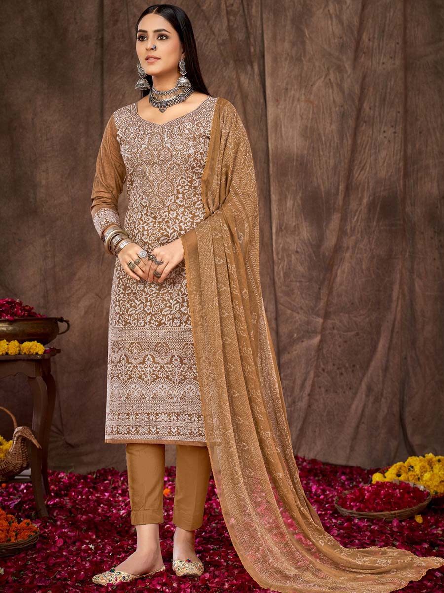 Printed Brown Cotton Unstitched Suit Material - Stilento
