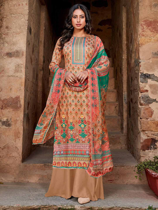 Printed Brown Unstitched Women Suit with Chiffon Dupatta