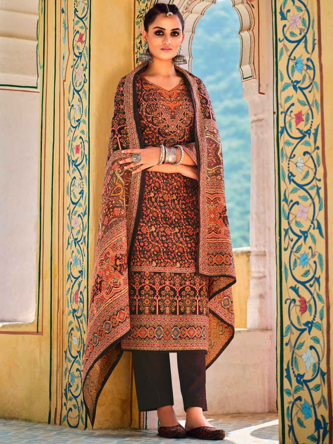 Printed Coffee Brown Wool Pashmina Unstitched Winter Suits - Stilento