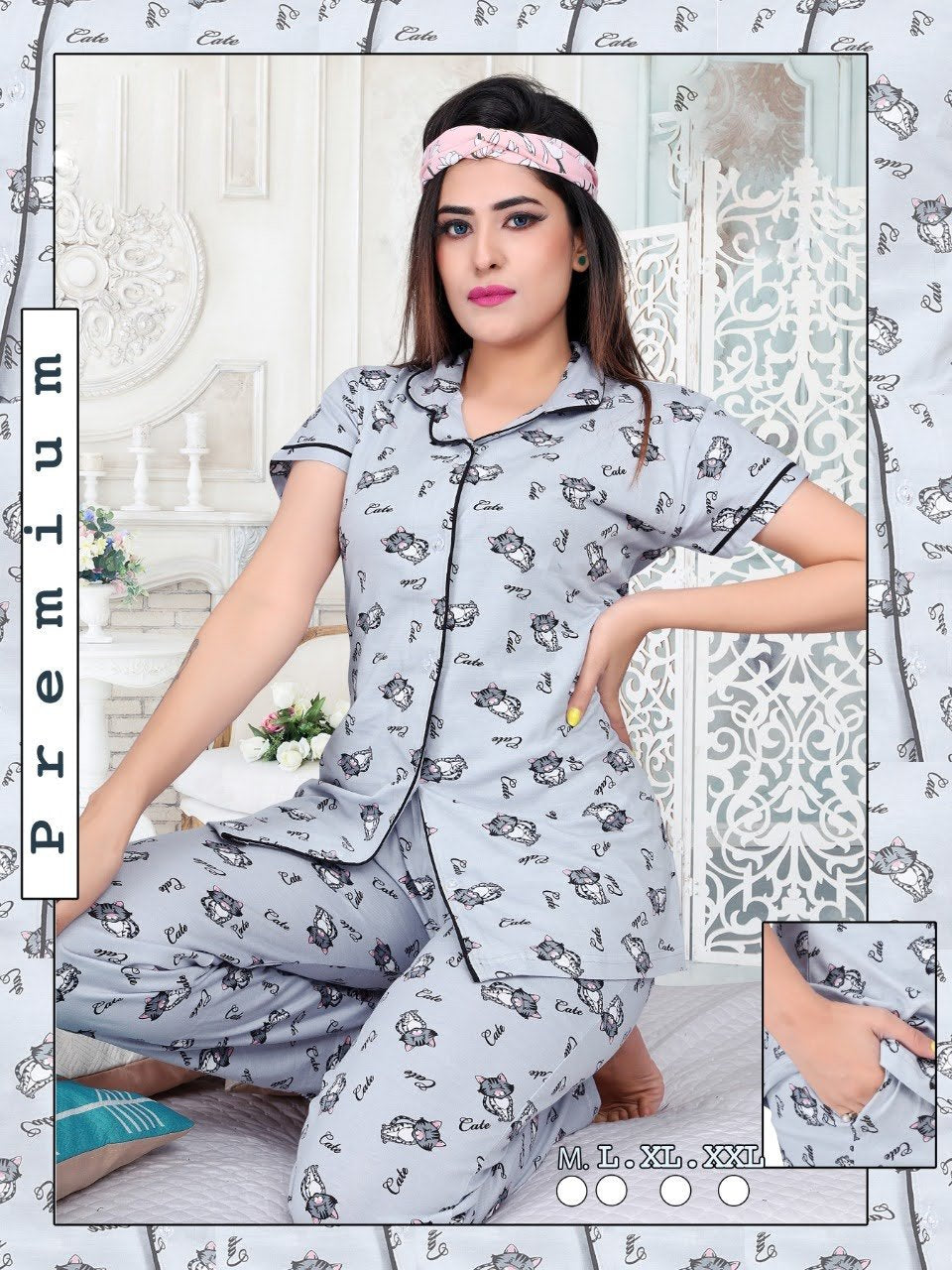 Printed Collar Top and Pajamas Grey Night Suit Set for girls - Stilento