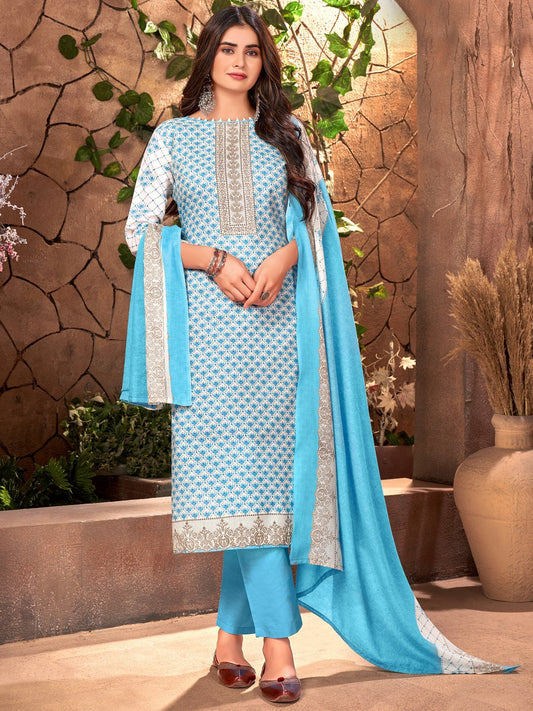 Printed Cotton Blue Un-Stitched Suit Material