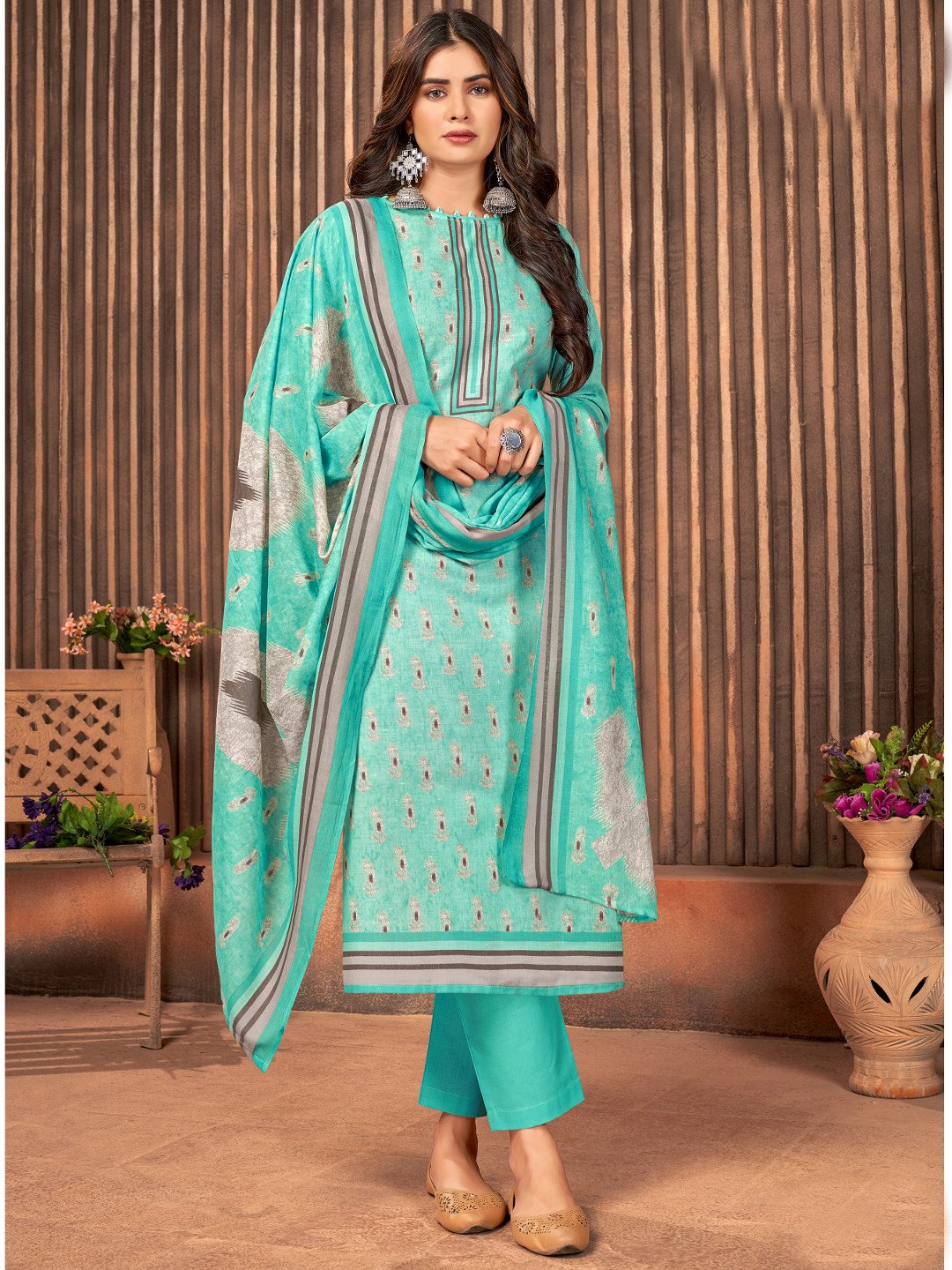 Printed Cotton Green Un-Stitched Suit Material - Stilento