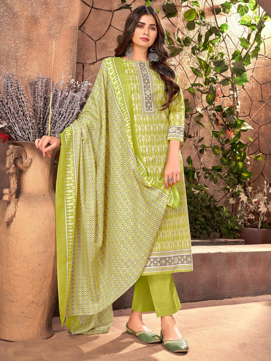 Printed Cotton Green Un-Stitched Suit Material