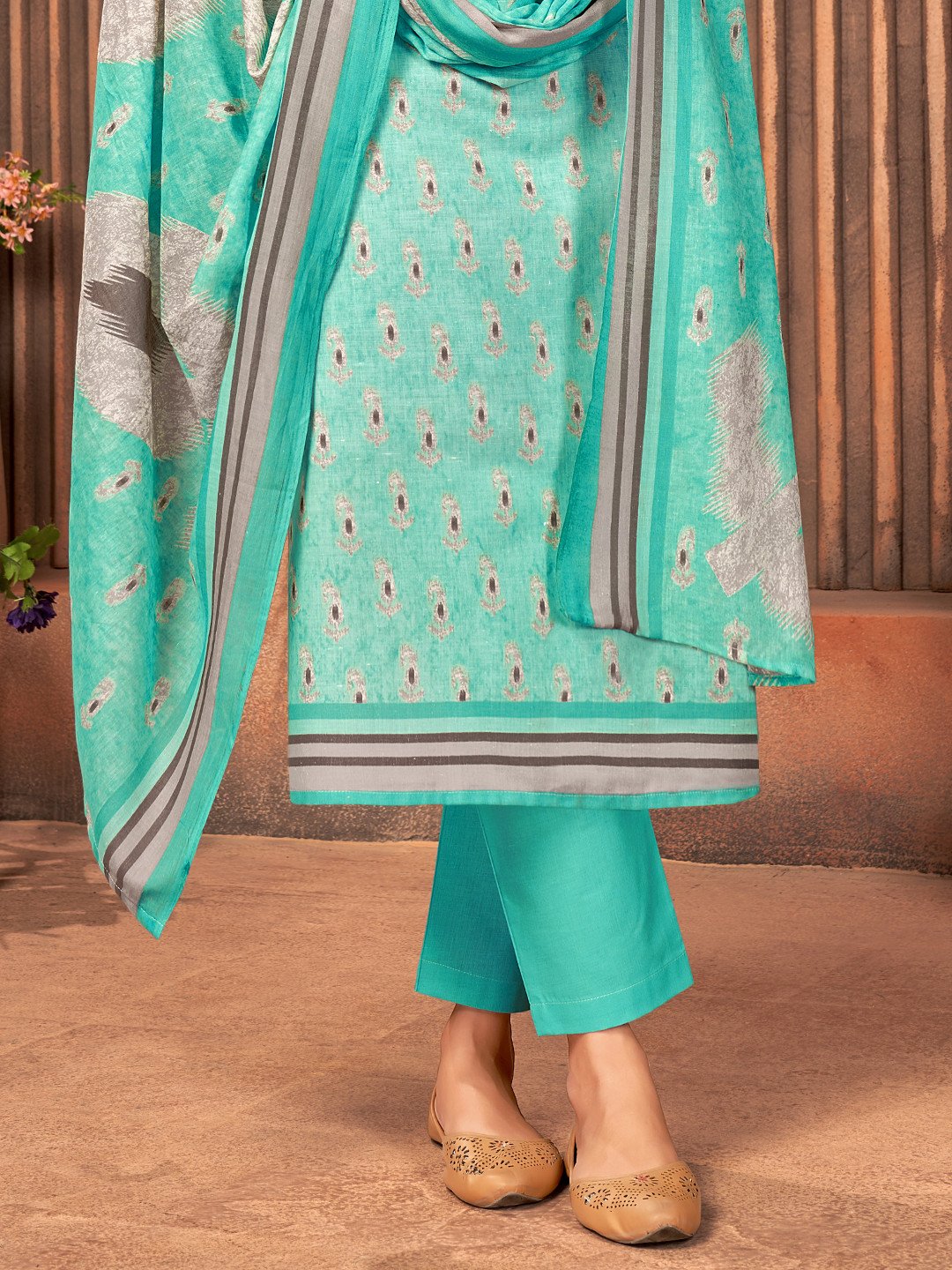 Printed Cotton Green Un-Stitched Suit Material - Stilento