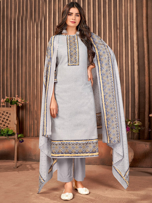 Printed Cotton Grey Un-Stitched Suit Material