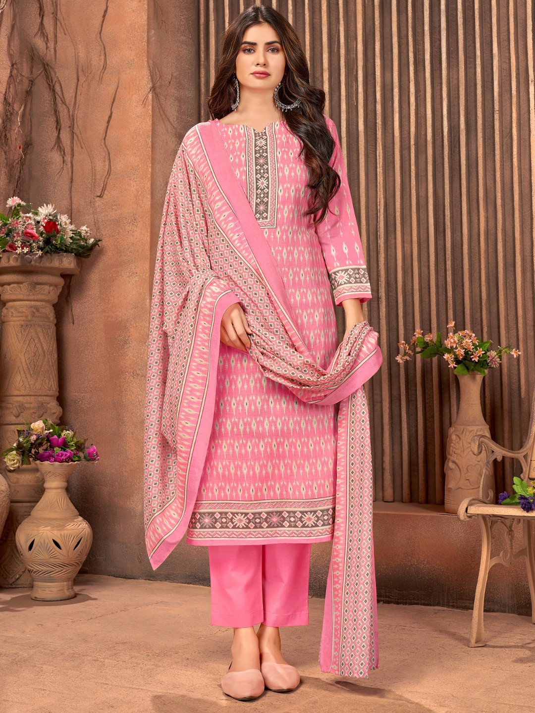 Printed Cotton Pink Un-Stitched Suit Material - Stilento
