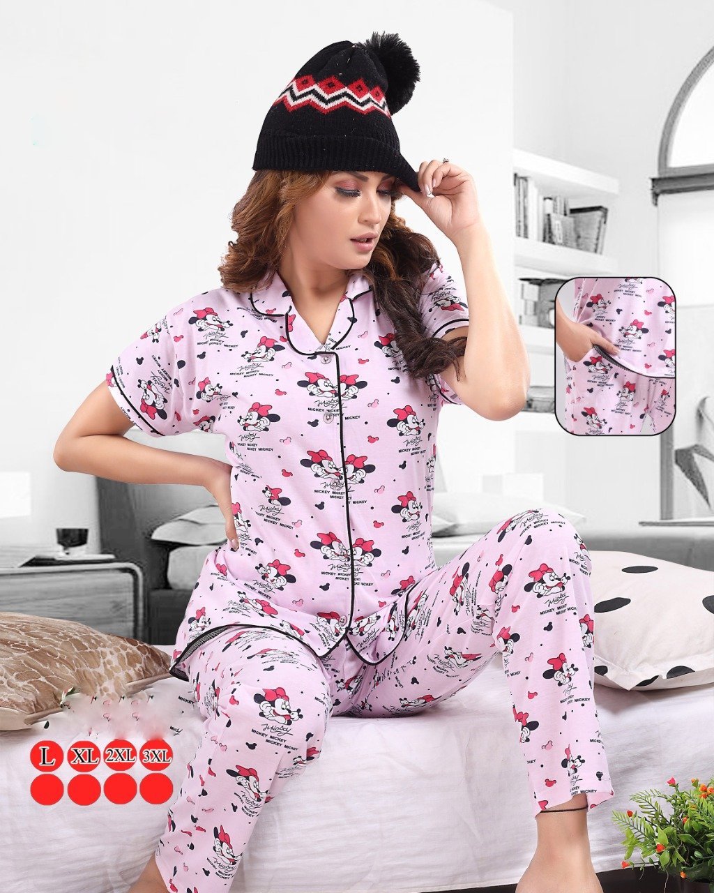 Printed Cotton Pink Women Night Suit Set with Pockets - Stilento