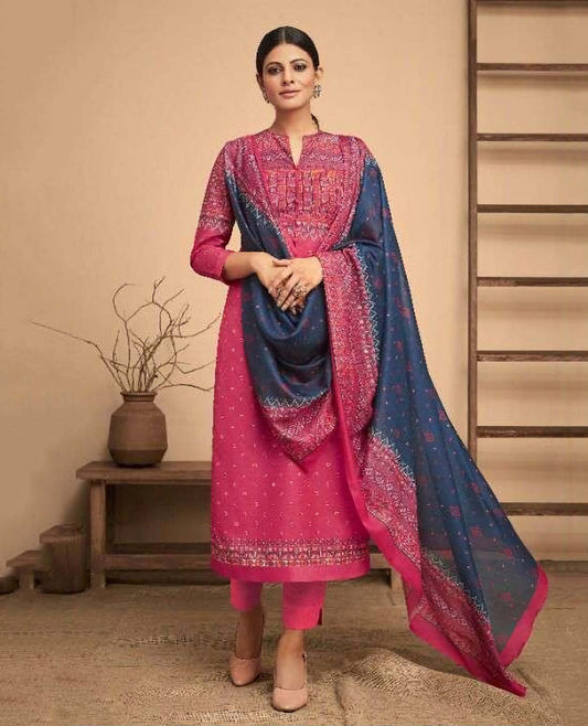 Printed Cotton Satin Unstitched Suits With Mirror Work For Women