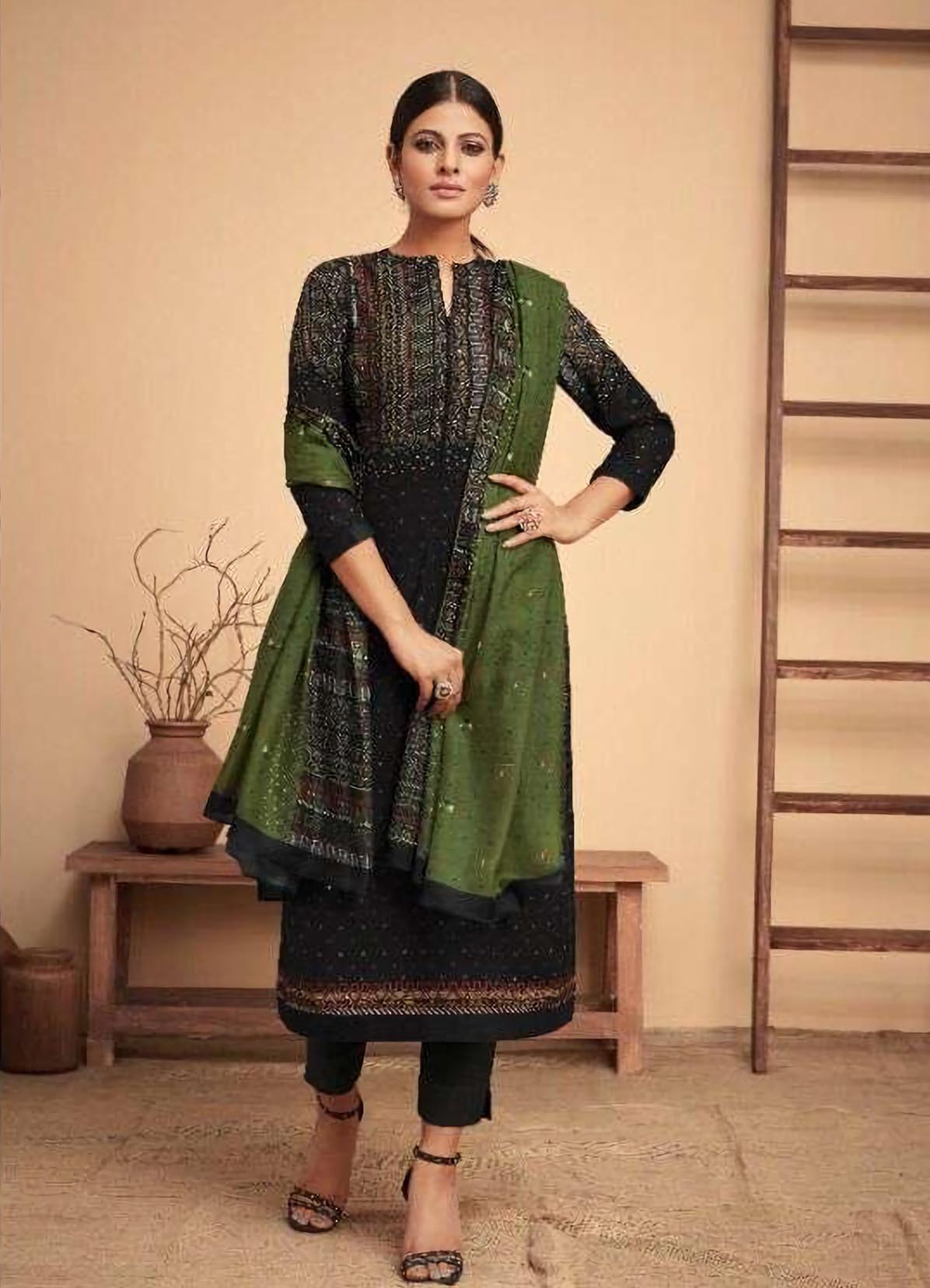 Printed Cotton Satin Unstitched Suits With Mirror Work For Women - Stilento
