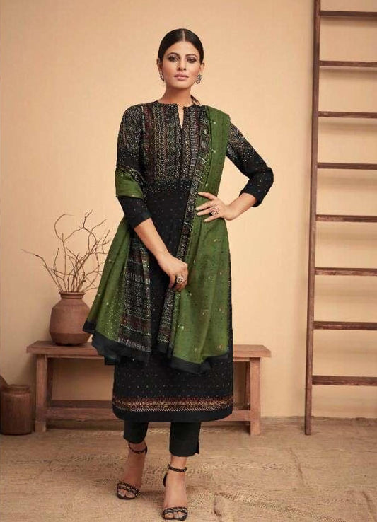 Printed Cotton Satin Unstitched Suits With Mirror Work For Women