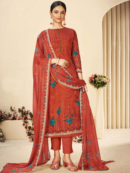 Printed Cotton Unstitched Suit With Chiffon Dupatta