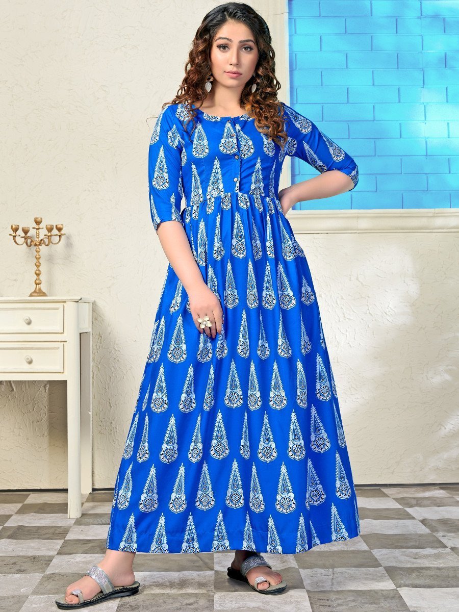 Printed Daily Wear Long Kurtis for Women Blue - Stilento