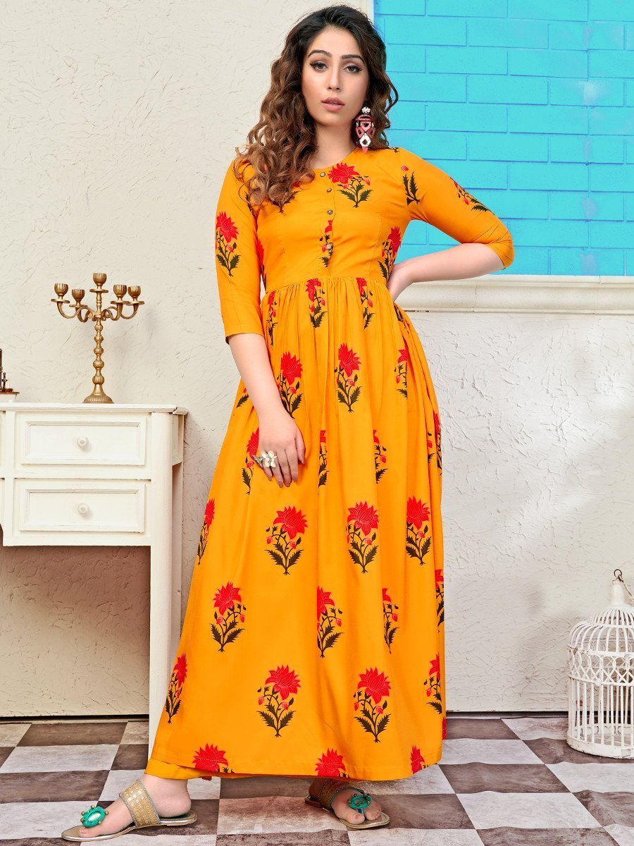 Printed Daily Wear Orange Long Kurtis